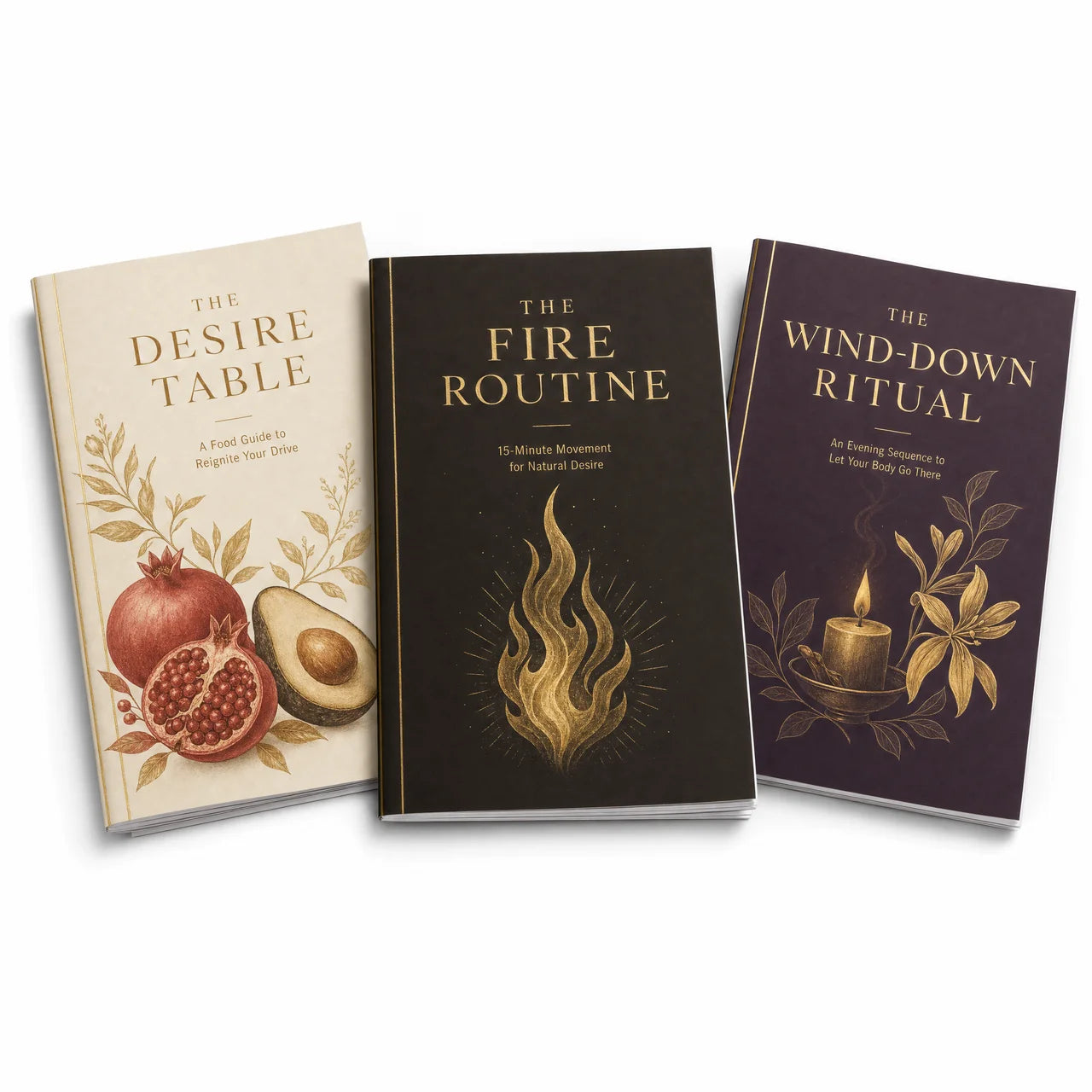 Three books titled 'The Desire Table', 'The Fire Routine', and 'The Wind Down Ritual' on a white background.